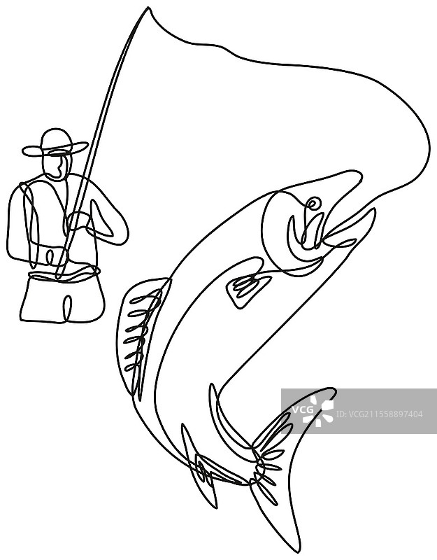 黑白单线风格的插图，描绘了一位飞钓者在孤立背景下捕捉跳跃的湖鳟鱼。图片素材