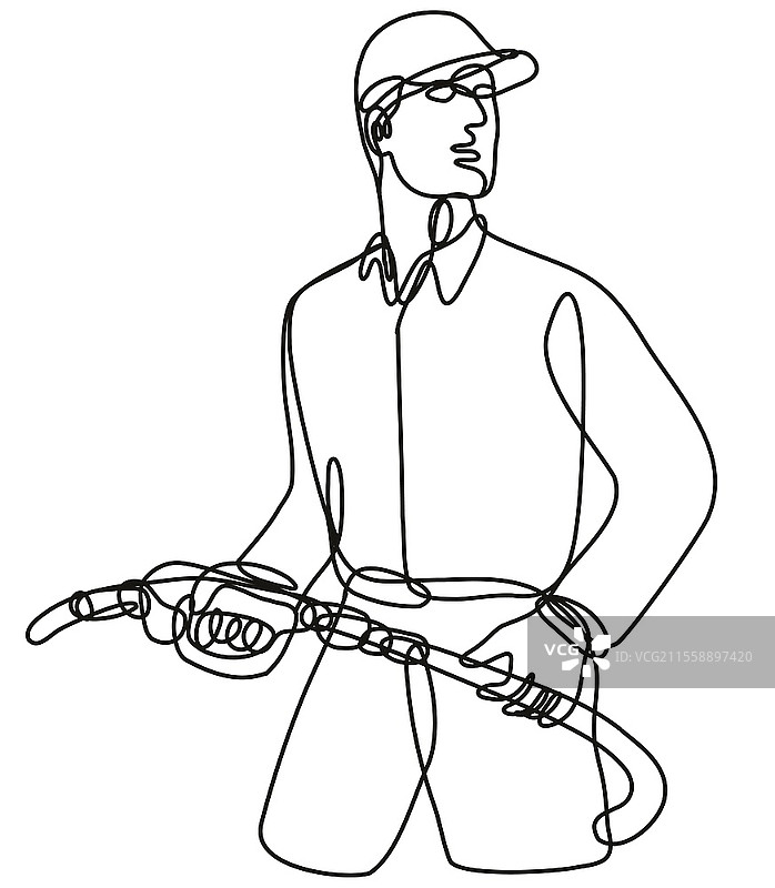 黑白单线风格的加油员手持油枪的连续线条插图，背景为单色。图片素材