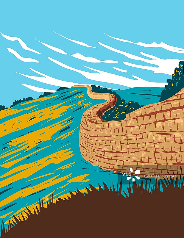 哈德良长城的艺术装饰或WPA海报，位于英格兰诺森伯兰国家公园的布兰普顿附近，采用工作项目管理风格。图片素材