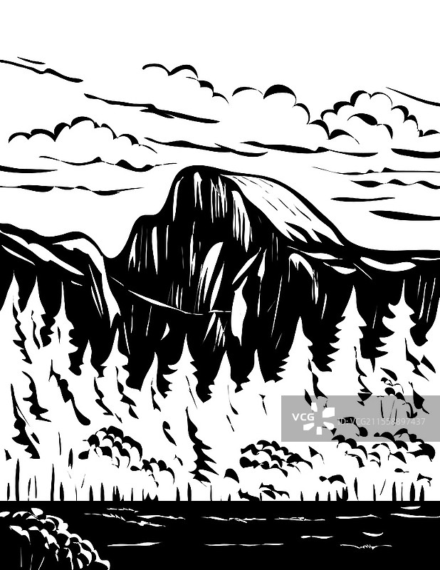 优胜美地国家公园东端的半圆顶单色艺术海报，采用工作项目管理的黑白风格。图片素材