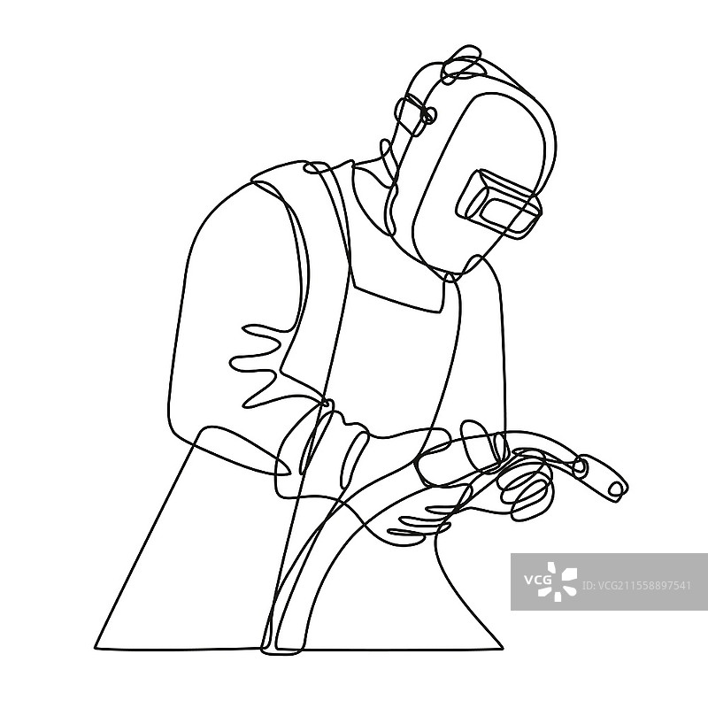 黑白单线风格的米格焊工插图，戴着面罩，手持焊枪，背景为孤立图像。图片素材