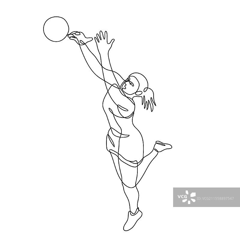 单线条绘制的净球运动员抢篮和接球插图，采用黑白涂鸦风格，背景为单色。净球运动员抢篮和接球的连续线条绘制。图片素材