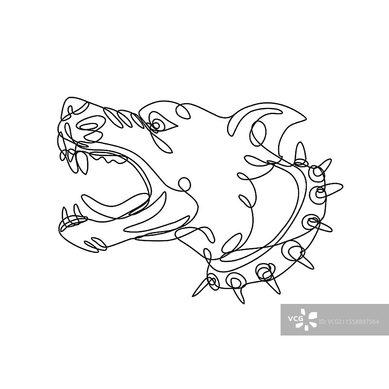 愤怒的美国斗牛犬侧面吠叫的连续线条绘画插图，采用黑白单线或涂鸦风格，背景为单色。图片素材