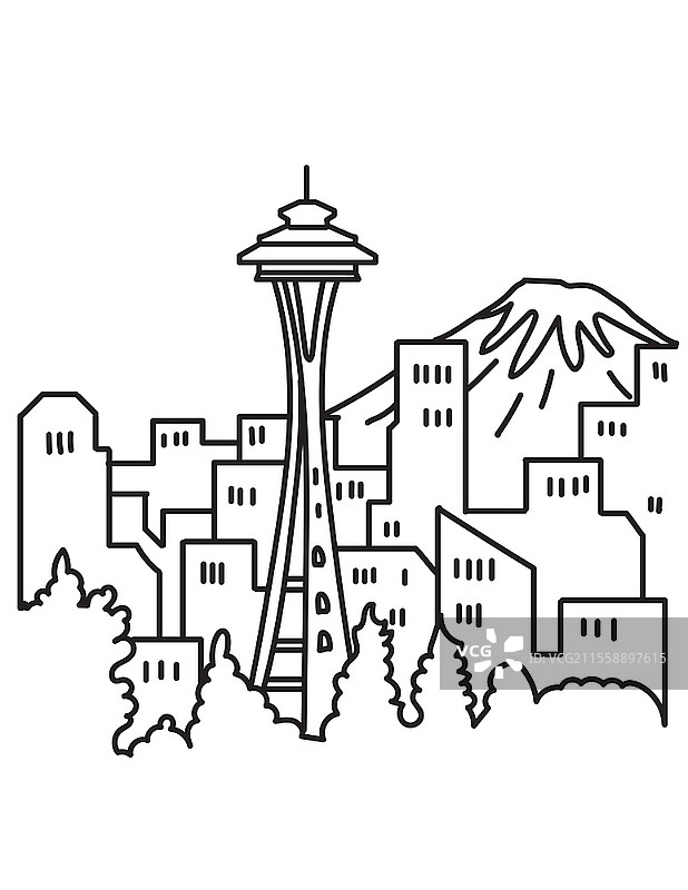 西雅图市中心天际线单线插图，包含太空针地标和华盛顿州的雷尼尔山，采用单线艺术风格。西雅图市中心天际线与太空针和雷尼尔山的单线艺术海报。图片素材