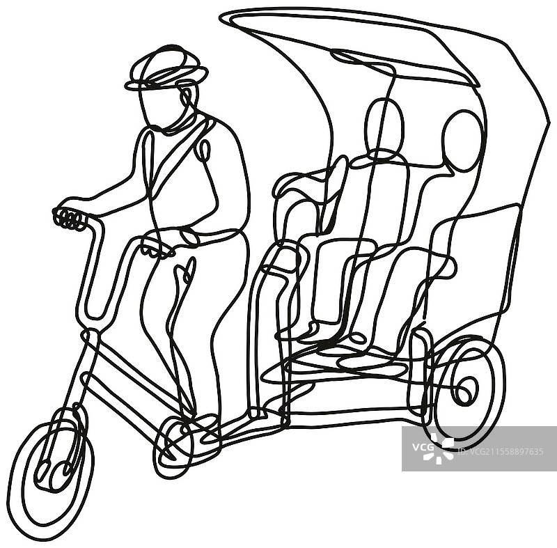 单线条绘制的三轮车插图，采用黑白单色线条或涂鸦风格，背景为纯色。图片素材