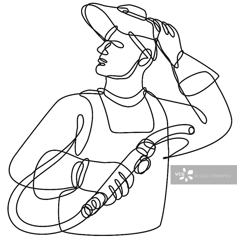 黑白单线风格的焊工插图，戴着面罩，手持焊接喷枪，背景为孤立图像。图片素材