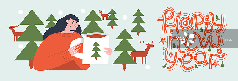 新年快乐。一个可爱的女孩手拿热茶杯，背景是圣诞树和鹿。新年快乐。矢量插图，贺卡模板，海报。图片素材