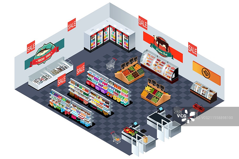 等角投影的超市杂货店矢量插图图片素材