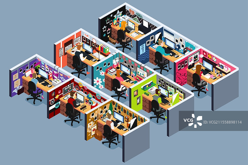 等角投影的商务办公室隔间矢量插图图片素材