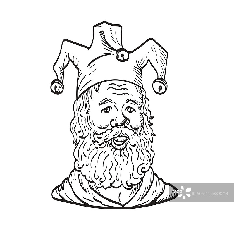 黑白纹身风格的老宫廷小丑或傻瓜插图，正面视角，戴着帽子和胡须，背景为孤立状态。图片素材