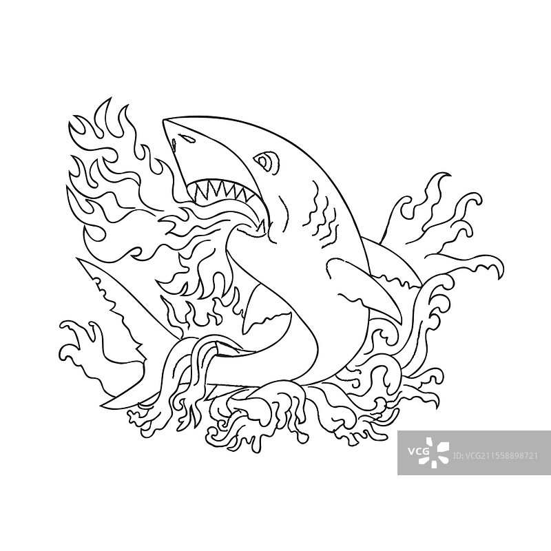 复古纹身风格插图，描绘一只大白鲨在波浪中跳起，喷吐火焰，背景为纯白色，采用黑白色调。图片素材