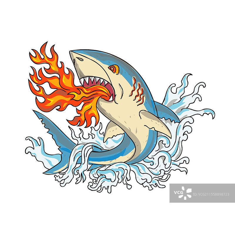 复古纹身风格插图，描绘了一只巨型白鲨在波浪中跳起，喷吐火焰，背景为纯白色，色彩丰富。图片素材