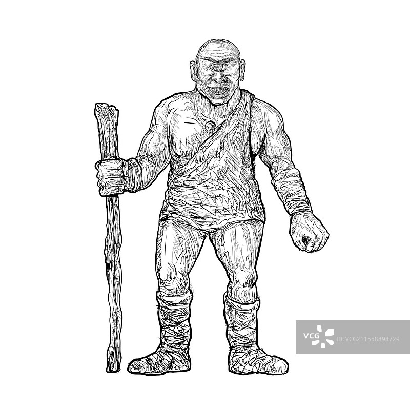 巴斯克神话中的强大独眼巨人塔尔塔罗、塔尔塔洛或托尔托，类似于希腊独眼巨人，手持木棒，背景为纯白色。图片素材