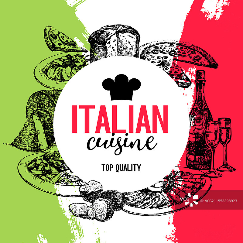 意大利餐厅菜单设计。复古手绘素描矢量插图图片素材