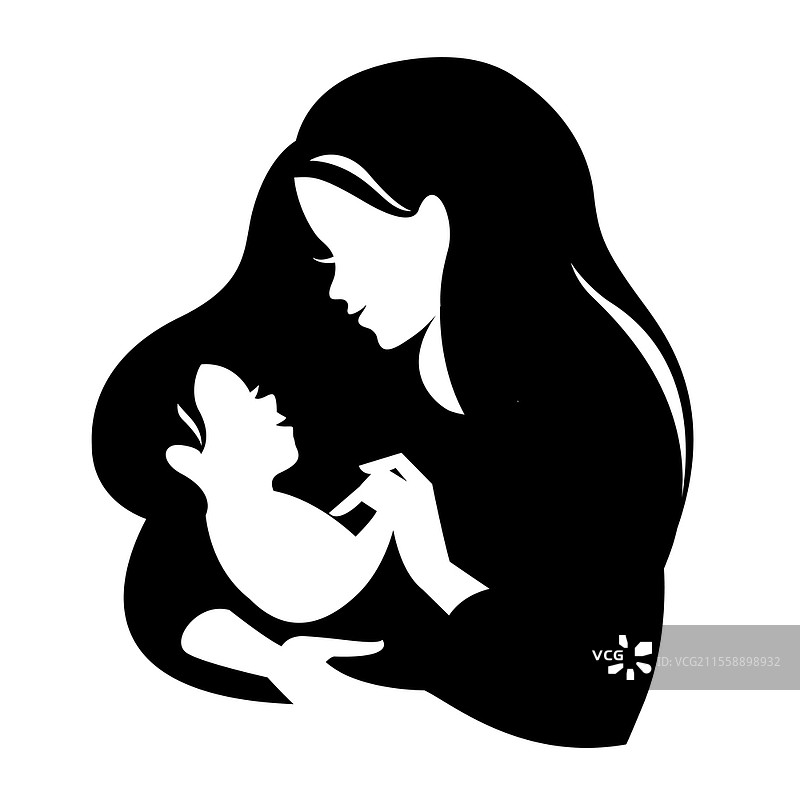 美丽的母亲剪影与婴儿。白色背景上的线条矢量logo插图。母亲节贺卡图片素材