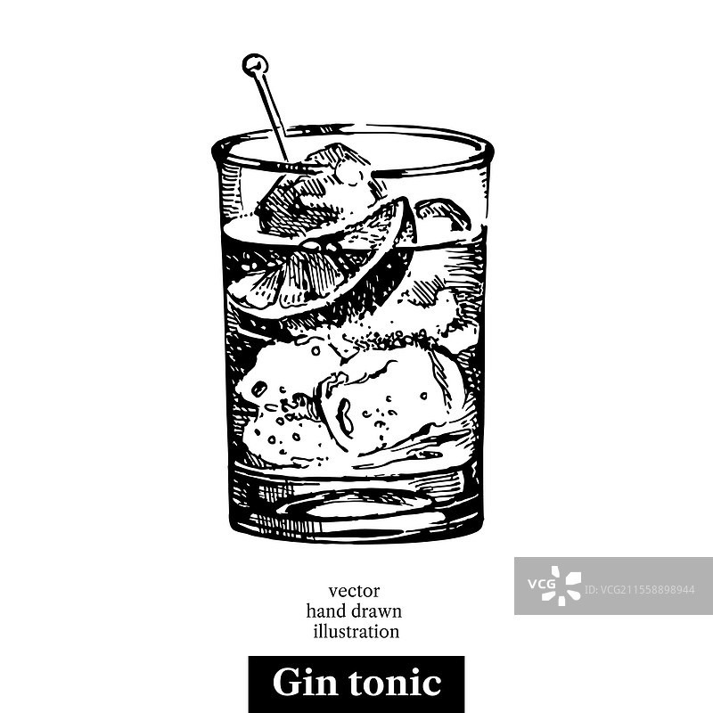 手绘草图鸡尾酒金汤力复古孤立物体。矢量插图图片素材