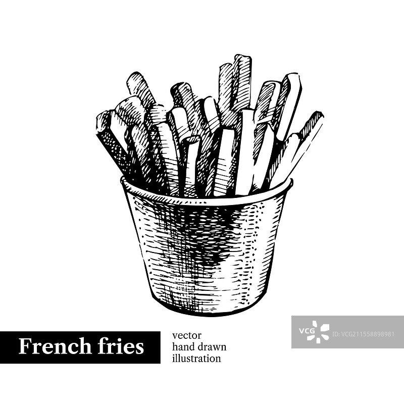 薯条。复古快餐手绘插图。独立背景。菜单设计图片素材