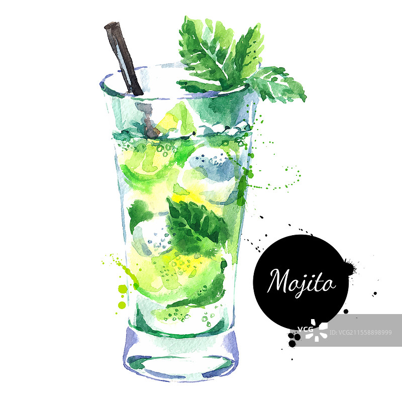 手绘水彩鸡尾酒莫吉托。矢量独立食品插图图片素材
