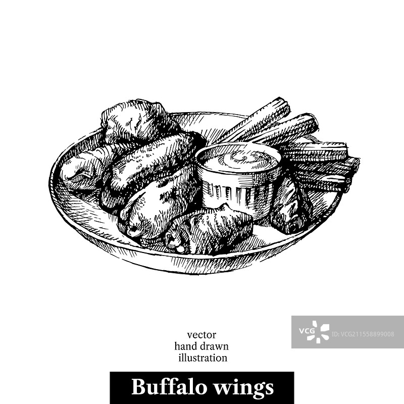 手绘素描水牛鸡翅。黑白复古插图。白色背景上的孤立物体。菜单设计图片素材