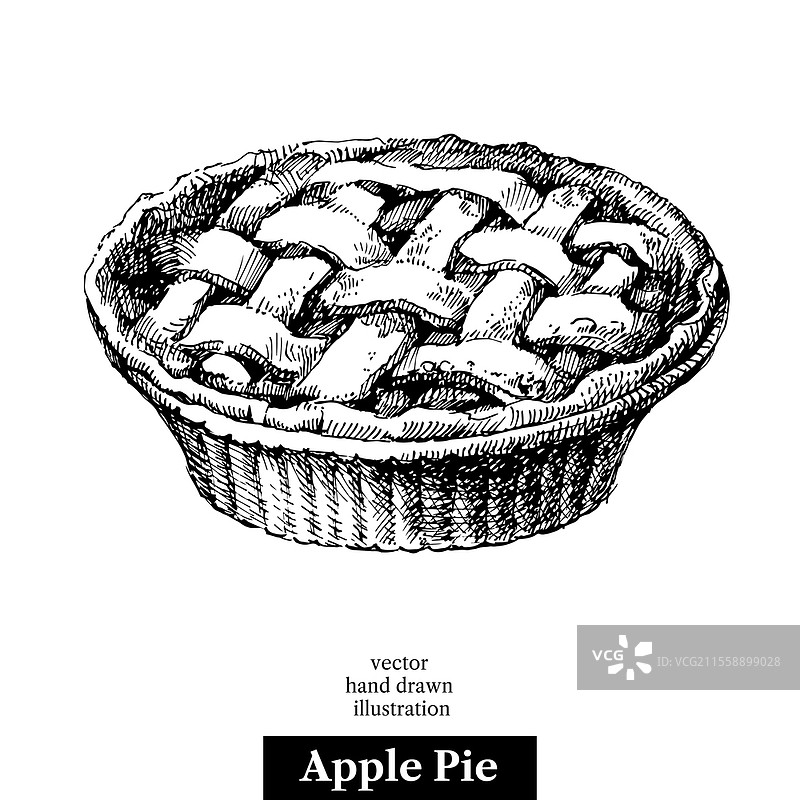 手绘素描自制有机苹果派甜点。黑白复古插图。白色背景上的孤立物体。菜单设计图片素材