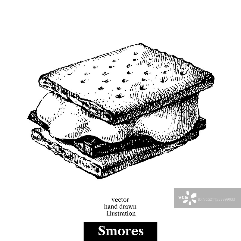 手绘草图的巧克力夹心饼干，配有融化的棉花糖和巧克力。黑白复古插图。白色背景上的孤立物体。菜单设计。图片素材