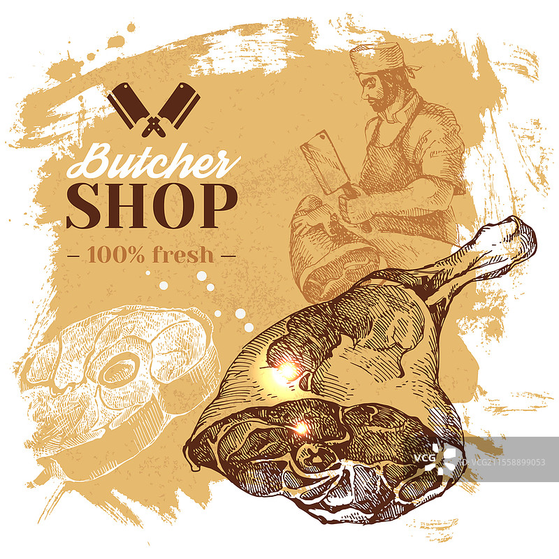 手绘肉铺背景素描。复古插图。菜单海报设计图片素材