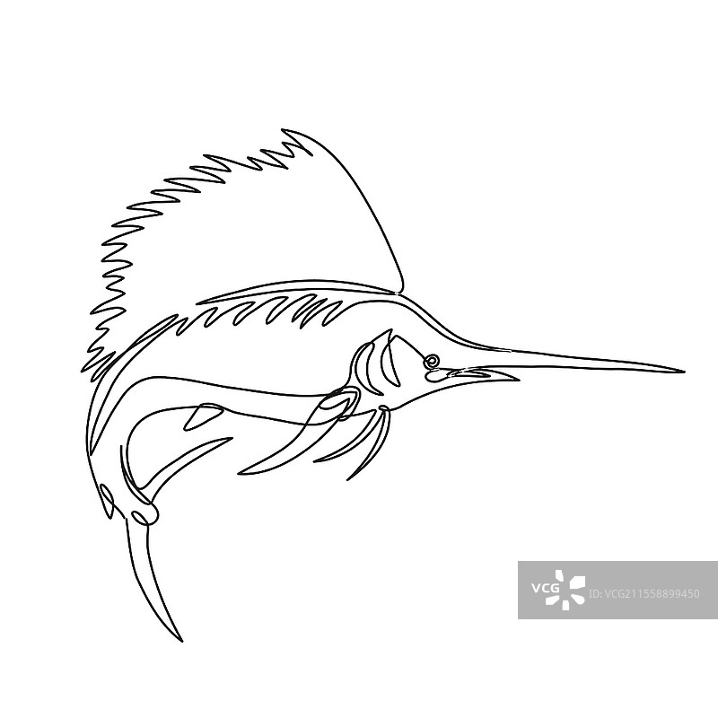 黑白单线风格的亚特兰大旗鱼（Istiophorus albicans）跳跃的连续线条插图，侧面视角，背景为单色。图片素材