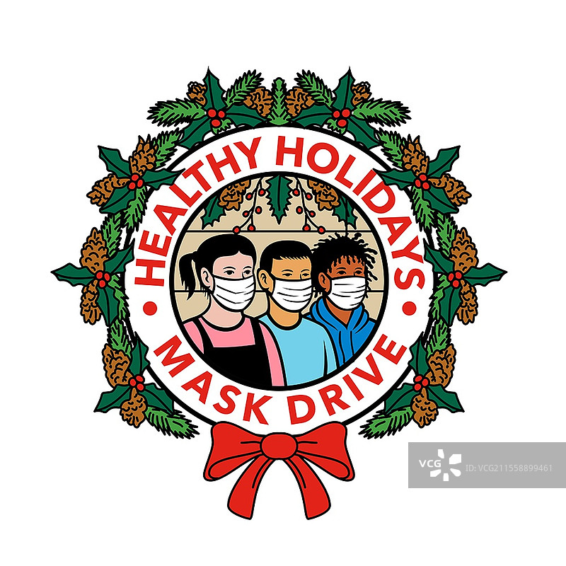 不同种族或民族的儿童佩戴口罩的复古风格插图，围绕着带有“健康假期口罩活动”字样的圣诞花环，背景为单色。不同民族的儿童佩戴口罩，健康假期花环，圆形复古色彩。图片素材