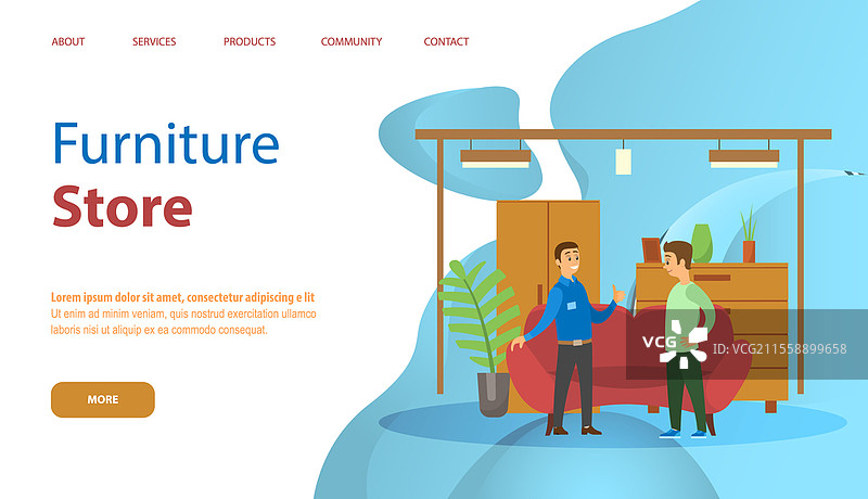 家具店着陆页模板，顾客在家具店微笑购物，选购家居装饰元素、沙发、书柜和衣柜，专业的百货商店销售人员为客户提供建议。图片素材
