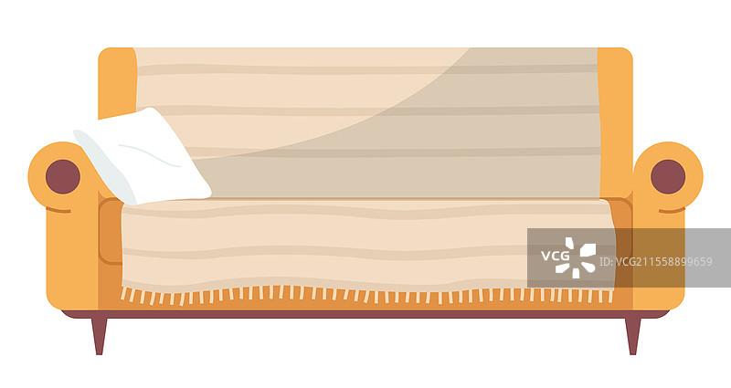 柔软的沙发配有五彩缤纷的靠垫。休闲家具矢量图。黄色沙发或沙发床在白色背景上独立展示。家具的布置和房间的布局。客厅室内设计沙发元素。柔软的沙发配有五彩缤纷的靠垫矢量插图。黄色沙发在白色背景上独立展示。图片素材