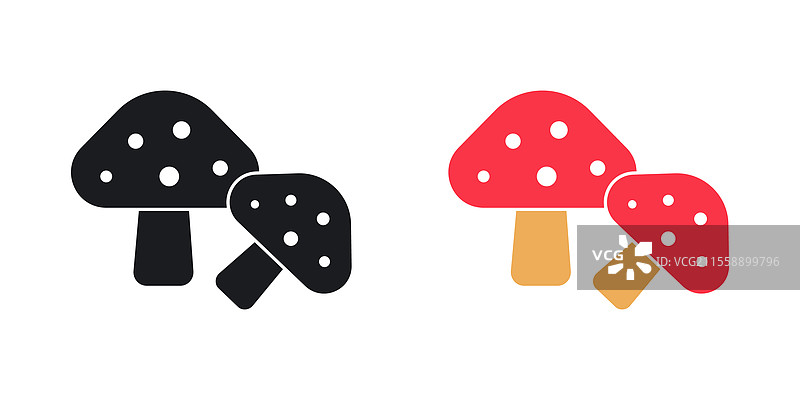 蘑菇图标集，黑色和彩色风格图片素材