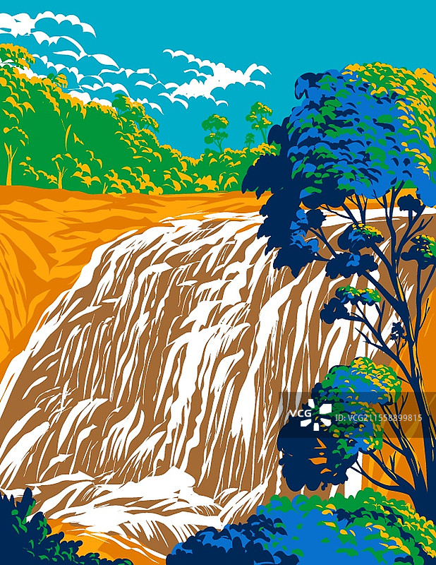 巴斯克沼泽国家公园的海报艺术，展示了位于澳大利亚新南威尔士州坦特菲尔德的巴斯克沼泽瀑布，采用了工作项目管理局或联邦艺术项目风格。图片素材