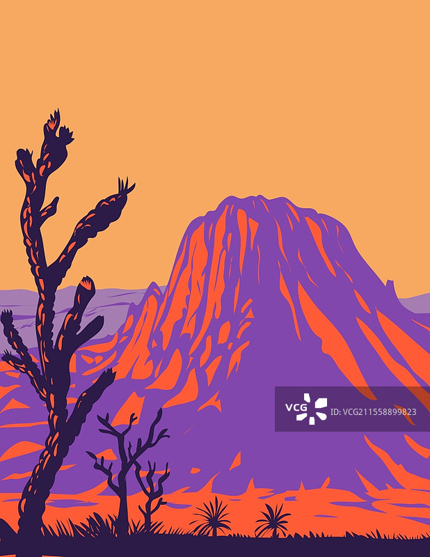 德克萨斯州布鲁斯特和普雷西迪县的比格本德州立公园与里奥格兰德上的索拉里托峰的WPA海报艺术。图片素材