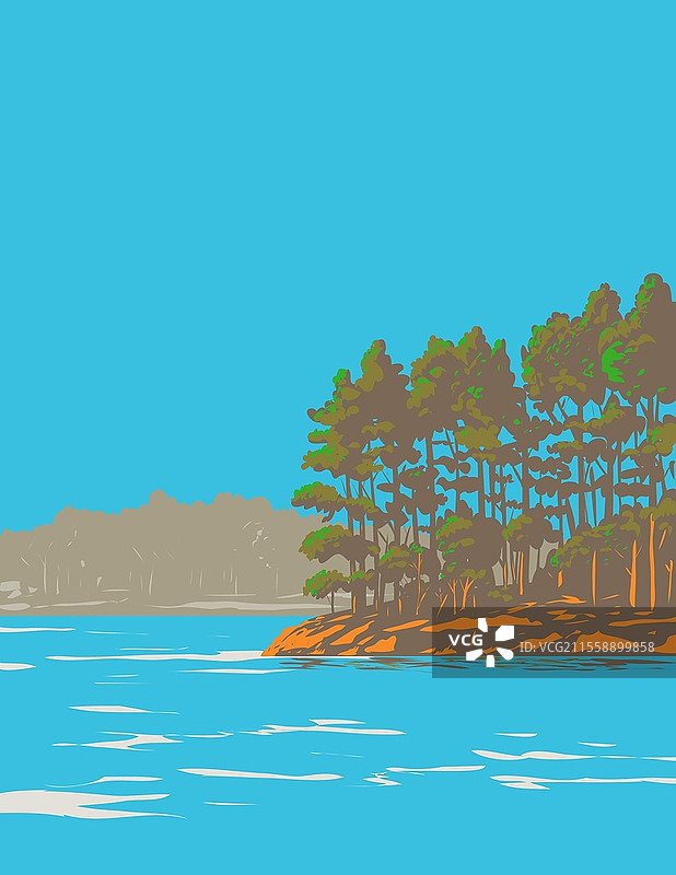 阿肯色州霍特斯普林斯东南部的凯瑟琳湖南岸凯瑟琳湖州立公园的WPA海报艺术，采用工作项目管理风格。图片素材