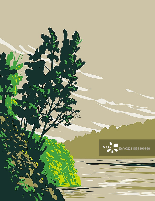 阿肯色州波因塞特县克劳利岭波因塞特湖西岸的波因塞特湖州立公园WPA海报艺术。图片素材