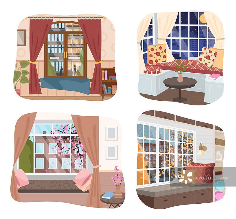 家居室内，插图合集，时尚的房间配有沙发和抱枕，白天或夜晚的月亮和星星景观，城市建筑，舒适的休息场所，可以俯瞰街道，家居房间设计。图片素材