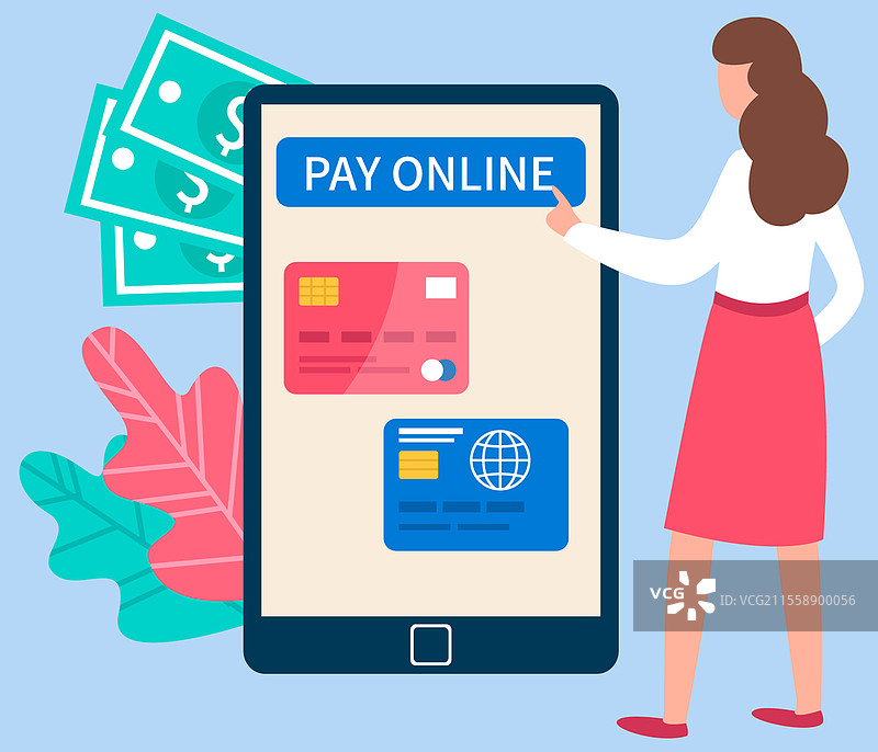 女孩在手机屏幕上使用程序进行在线远程支付。女商人按下信用卡在线支付按钮。平台着陆页模板矢量插图。女孩正在通过互联网在手机屏幕上使用程序进行在线远程支付。图片素材