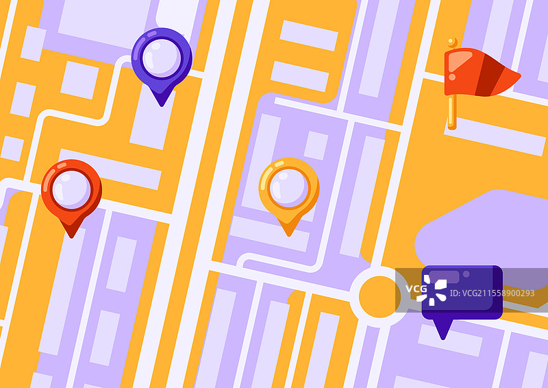 城市地图抽象背景设计，带有标记和旗帜。街道、道路和建筑的插图。适用于地理和制图、旅行和旅游的图像。图片素材
