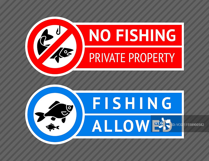 禁止钓鱼或允许钓鱼的贴纸套装，适用于印刷的矢量插图。图片素材