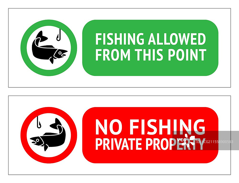 禁止钓鱼或允许钓鱼的贴纸套装，适用于印刷的矢量插图。图片素材