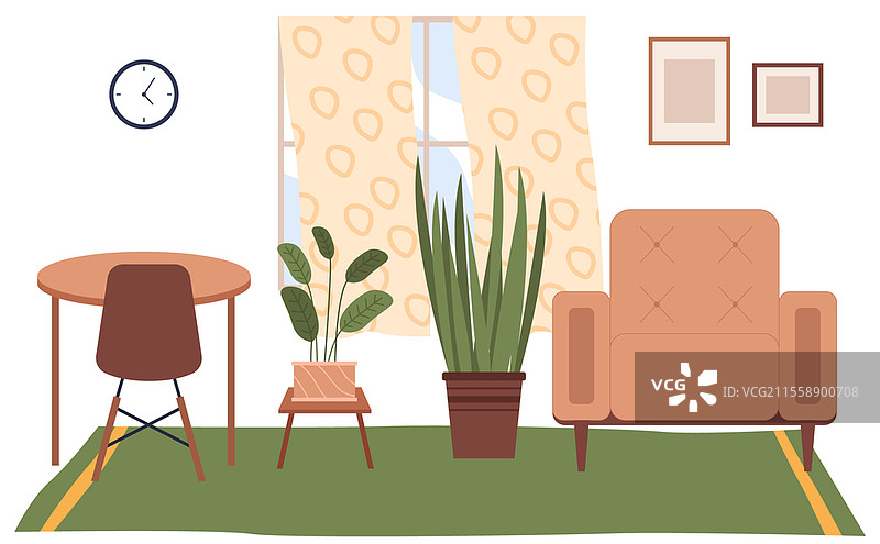 家居室内的平面插图。窗边的舒适空间，配有椅子和桌子，桌上有一盆植物。客厅适合喝茶和家庭聚会。餐厅家具。窗边的舒适空间，配有椅子和桌子，桌上有一盆植物，家居室内。图片素材