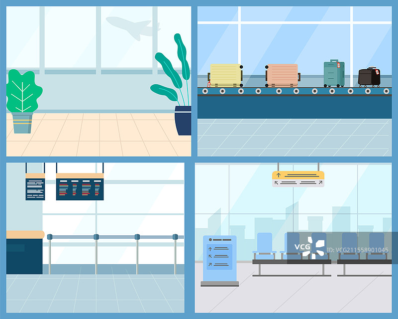 机场概念元素集合。乘客航站楼和候机室，行李转盘，护照检查。航空旅行概念矢量插图。机场元素和大厅集合，航空旅行。图片素材