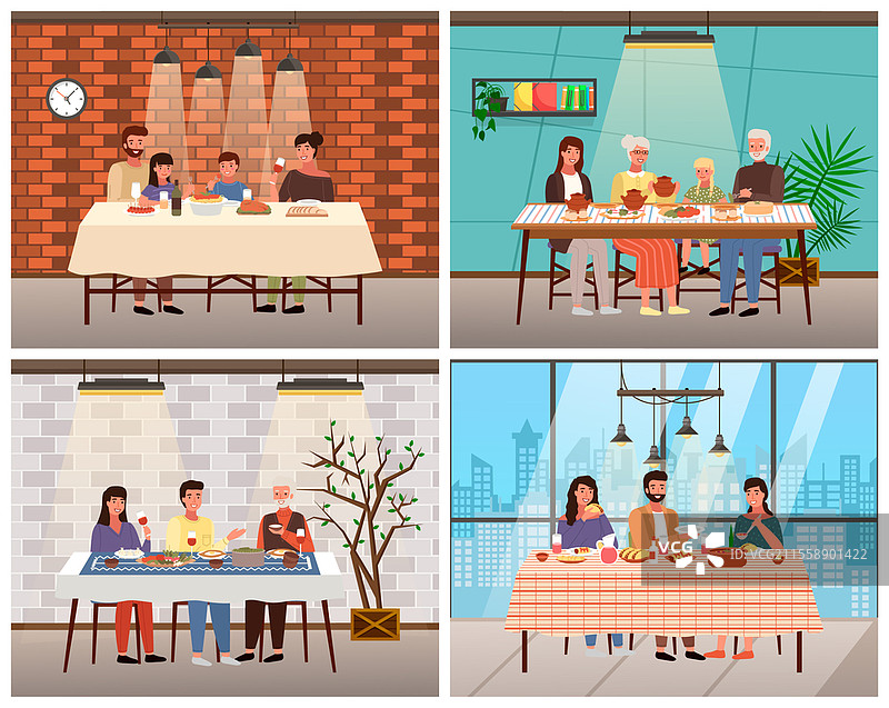 一组关于人们在传统风格餐厅用餐的插图。父母和他们的孩子在咖啡馆享用民族菜肴。餐桌上摆满了各种食物。图片素材