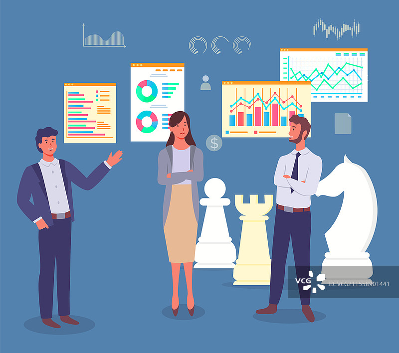 团队在商业项目中合作。人们正在分析图表、图形和示意图。商务男女办公室工作人员讨论财务分析和图表。背景中有巨大的棋子。图片素材