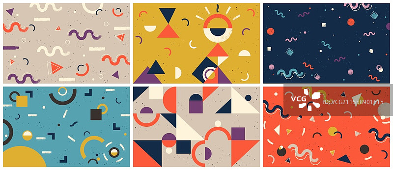 一组装饰有几何形状纹理的抽象设计平面矢量背景。色彩丰富的现代图案，具有简约设计。复古艺术适用于封面、横幅、传单和海报。图片素材