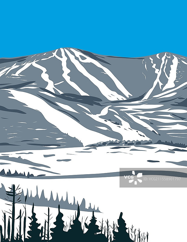 美国佛蒙特州拉特兰县基林顿山滑雪区的WPA海报艺术，采用工作项目管理风格或联邦艺术项目风格。图片素材