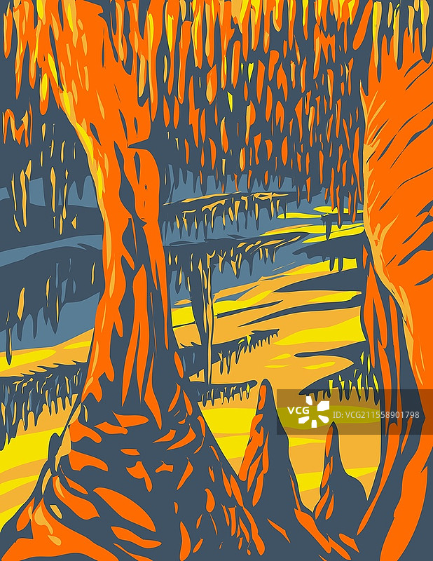 WPA风格的猛犸洞国家公园海报艺术，涵盖美国肯塔基州西中部的猛犸洞部分。猛犸洞国家公园洞穴系统，位于美国肯塔基州西中部，采用工作项目管理风格或联邦艺术项目风格。图片素材