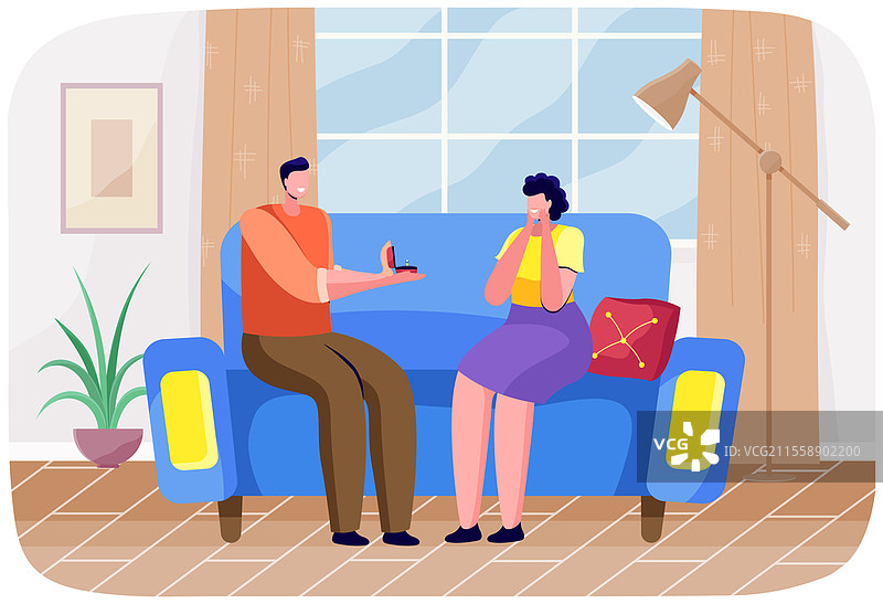 男人坐在沙发上，给女人一个装有钻戒的盒子。男友向女友求婚。在家中的浪漫订婚。惊喜求婚，恋爱中的情侣矢量插图。男人坐在沙发上，给女人一个装有钻戒的盒子。男友向女友求婚。图片素材