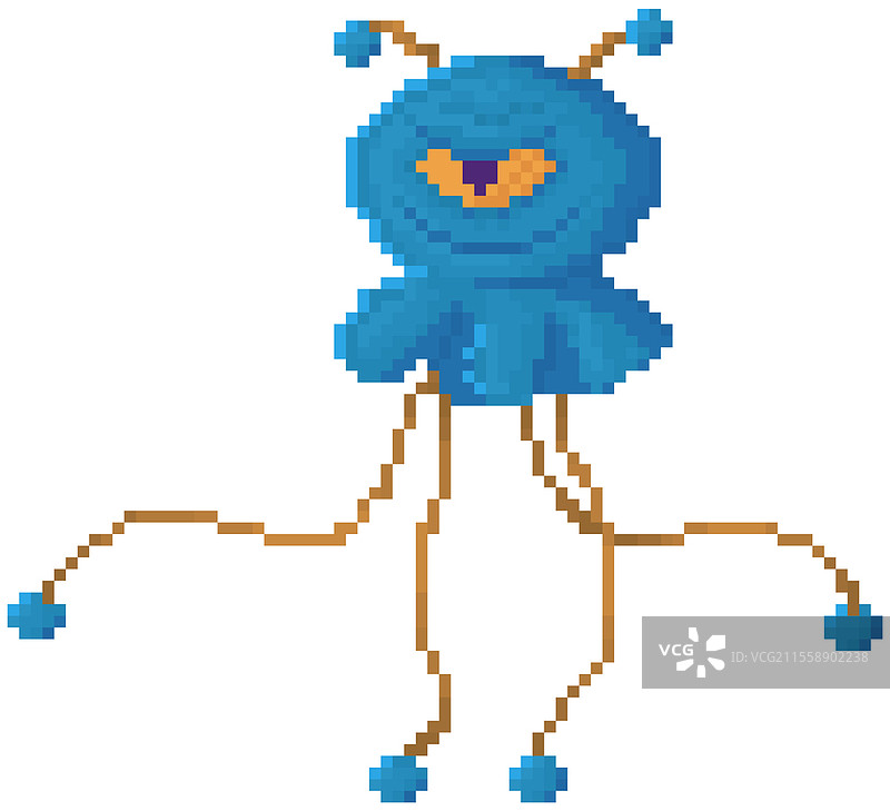 孤立在白色背景上的外星人。太空像素游戏设计布局模板。长肢体的卡通角色矢量插图。愤怒的蓝色怪物，只有一只眼睛。宇宙物体阴险地微笑。愤怒的蓝色怪物，只有一只眼睛。孤立在白色背景上的外星人。太空像素游戏设计布局。图片素材