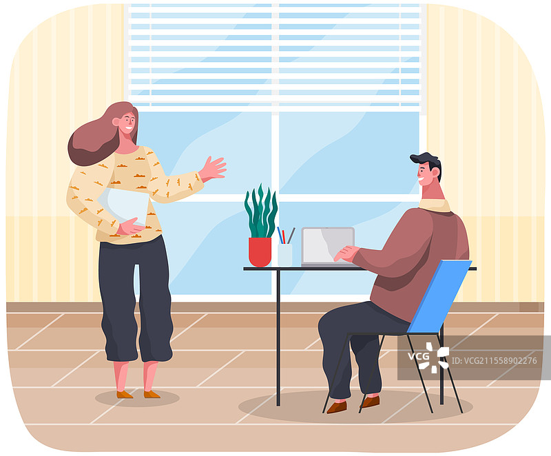 商务角色在办公室工作场所设计中。共同办公的人们，会议团队合作、讨论和头脑风暴。商界人士的办公室生活，同事们讨论。合作伙伴创业。商务角色在办公室工作场所。会议团队合作、讨论和协作。图片素材